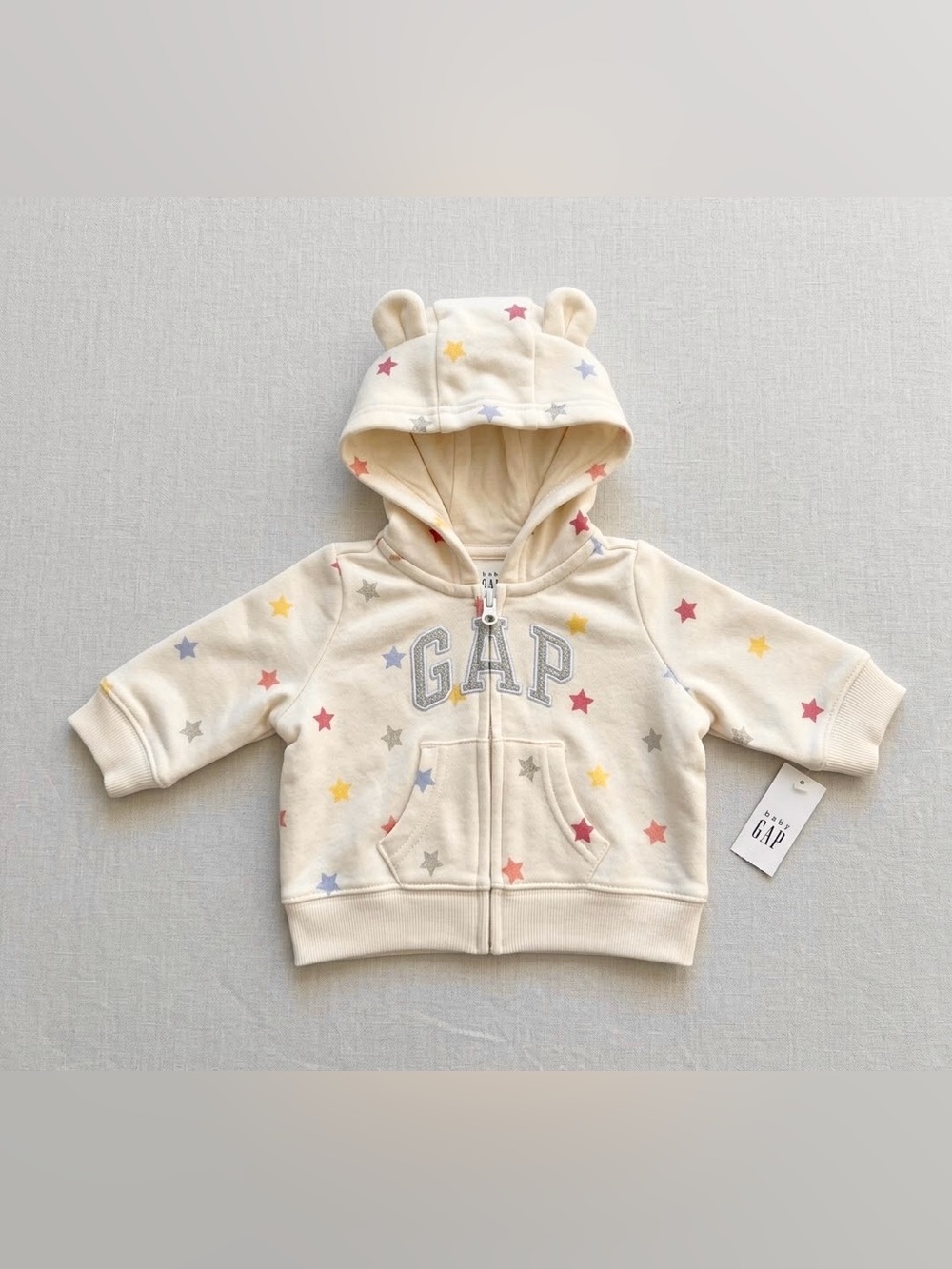 Baby GAP Cream Hoodie with Multicolor Stars and Bear Ear Hood 0-3 Months